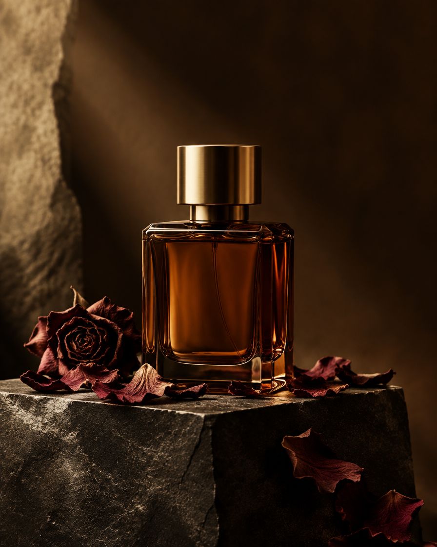 An amber perfume bottle with a gold cap on dark stone, among dried rose petals